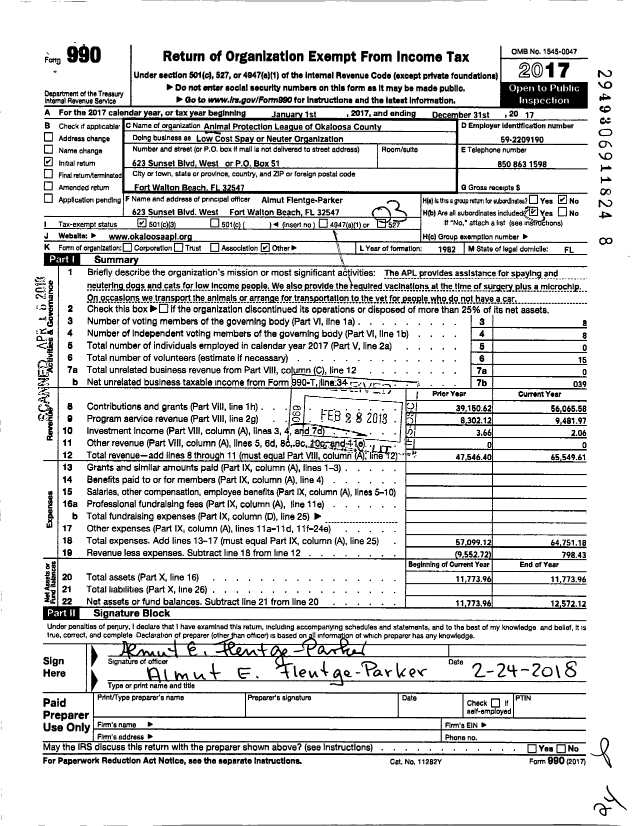 Image of first page of 2017 Form 990 for low cost spay and neuter organization