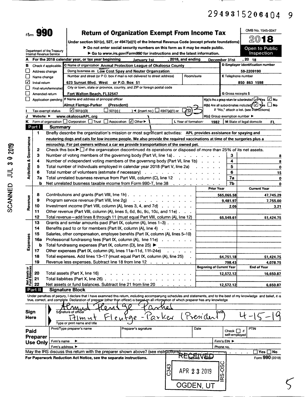 Image of first page of 2018 Form 990 for low cost spay and neuter organization