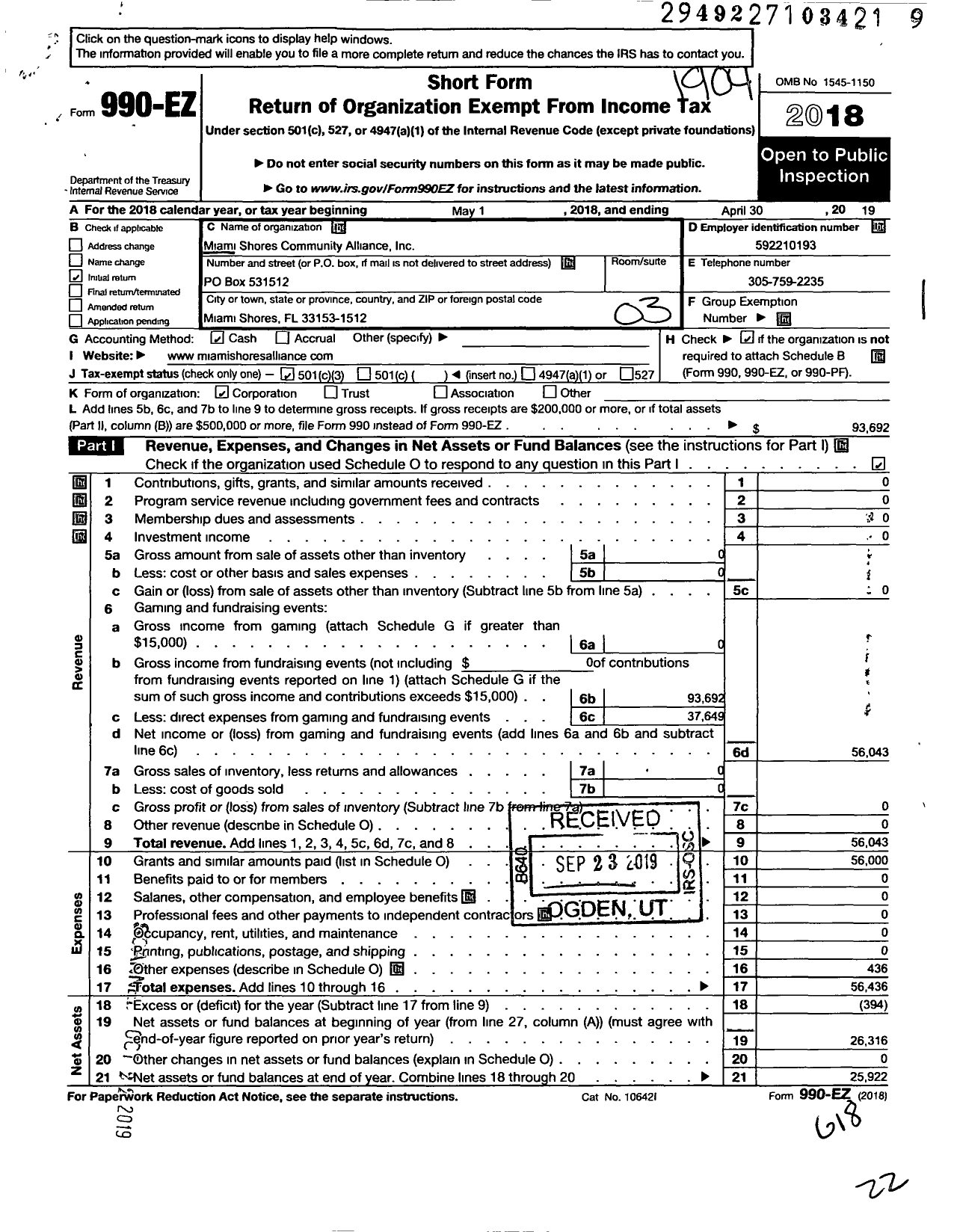 Image of first page of 2018 Form 990EZ for Miami Shores Community Alliance