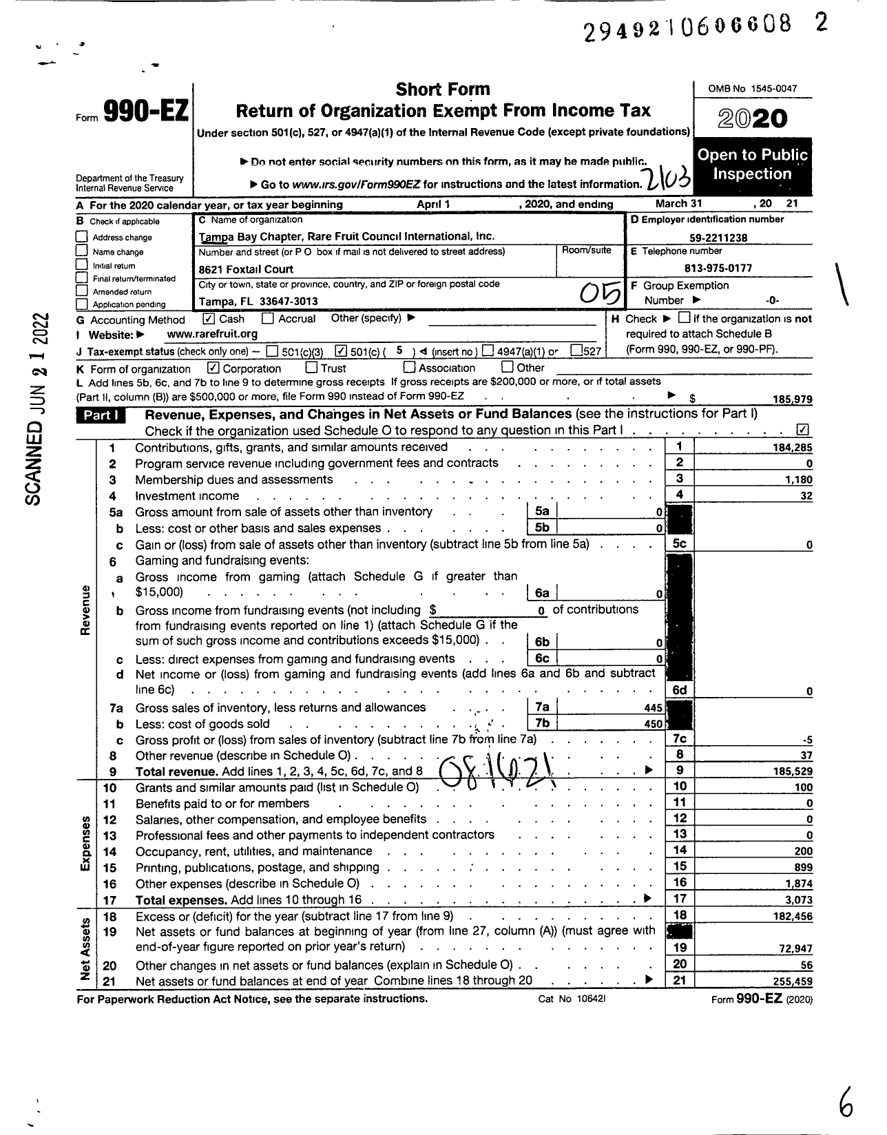 Image of first page of 2020 Form 990EO for Tampa Bay Chapter Rare Fruit Council International