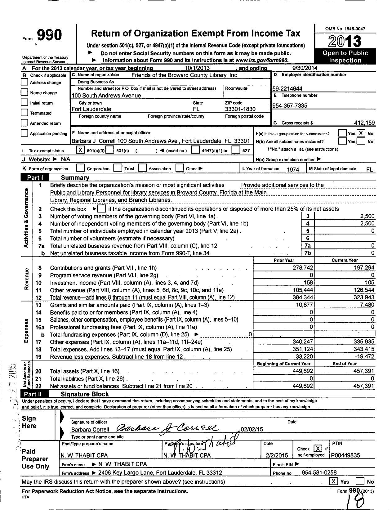 Image of first page of 2013 Form 990 for Friends of the Broward County Library