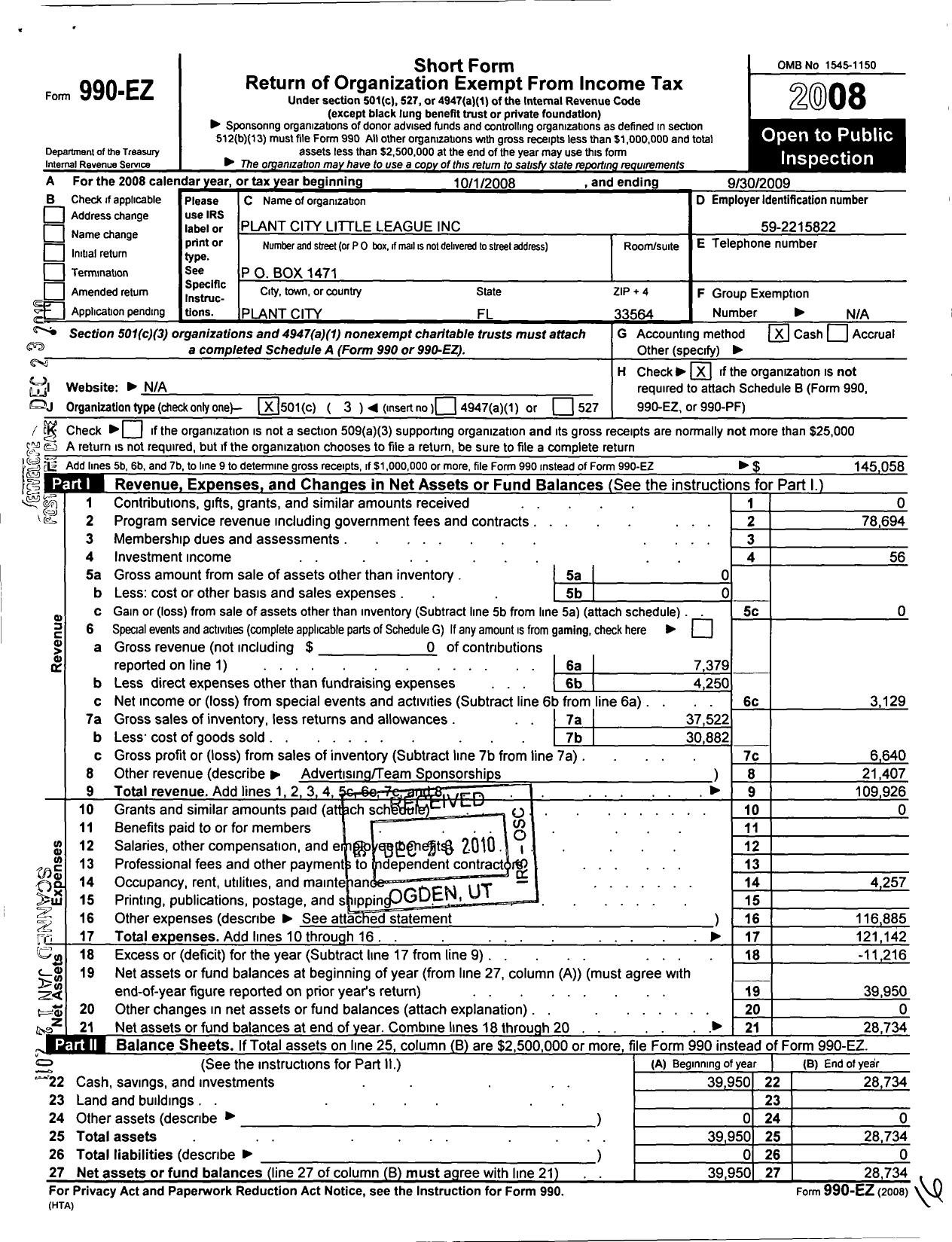 Image of first page of 2008 Form 990EZ for Plant City Little League