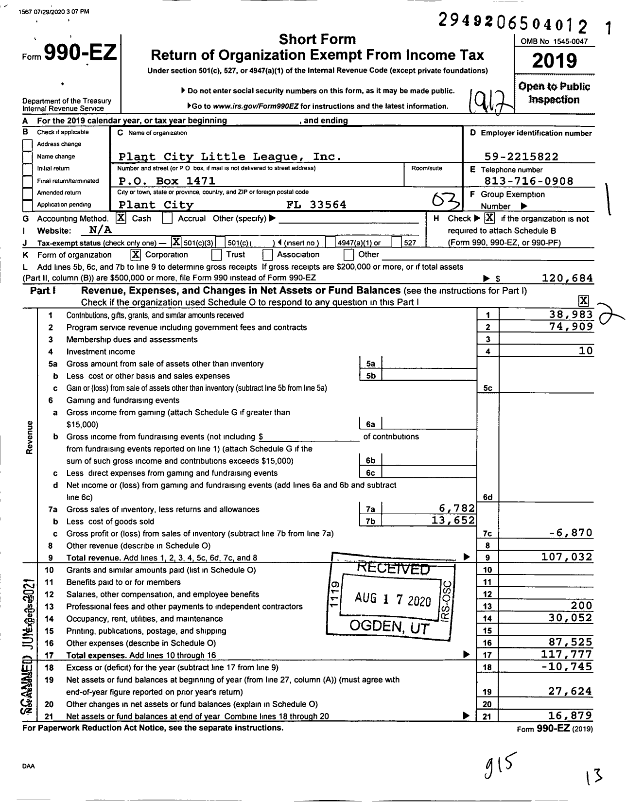 Image of first page of 2019 Form 990EZ for Plant City Little League