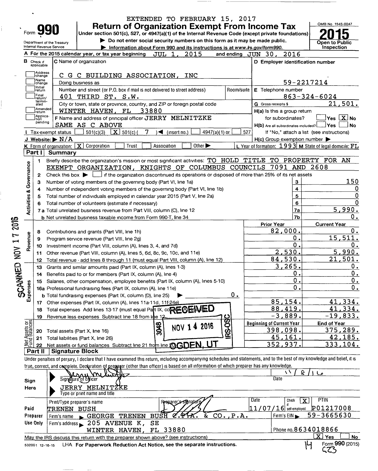 Image of first page of 2015 Form 990O for CGC Building Association