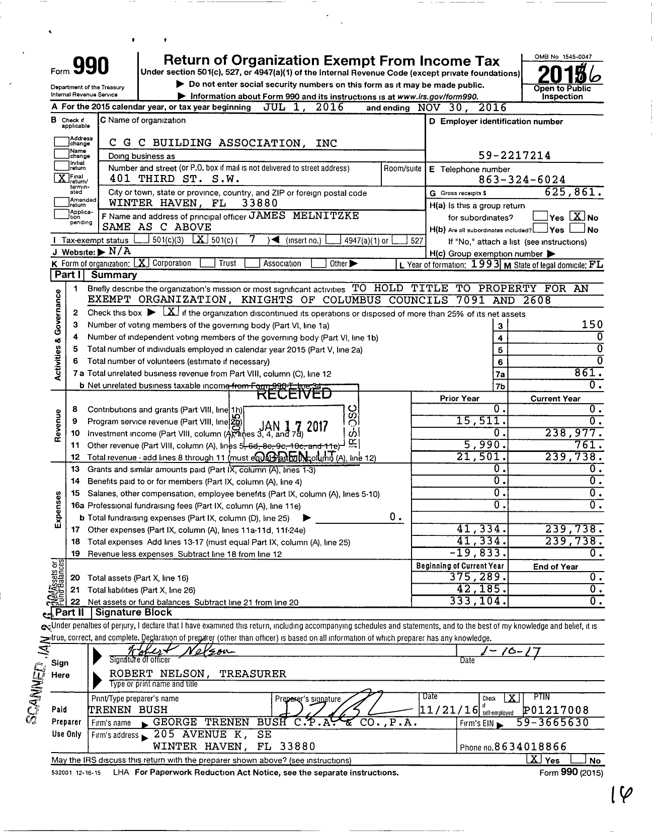 Image of first page of 2015 Form 990O for CGC Building Association