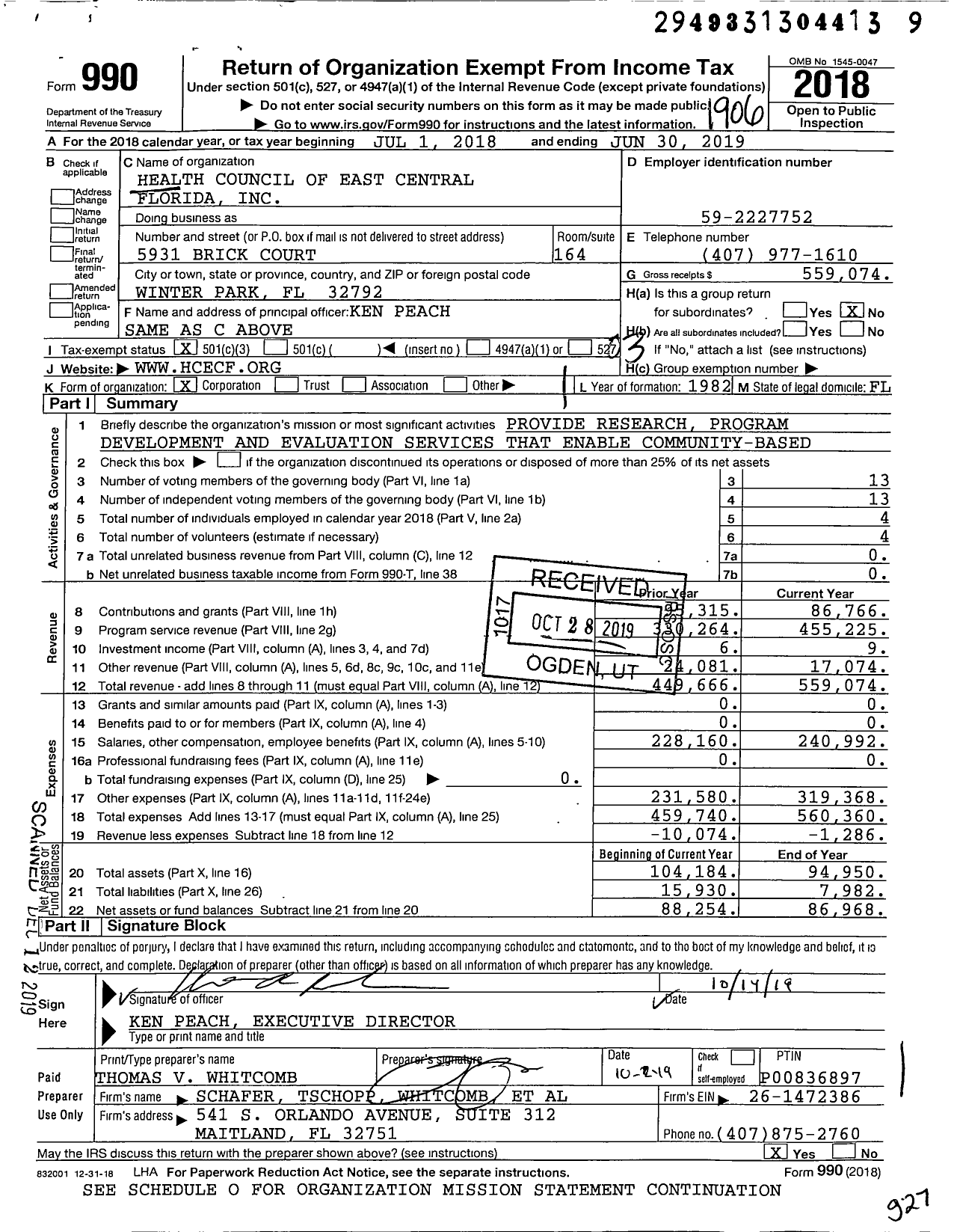 Image of first page of 2018 Form 990 for Health Council of East Central Florida