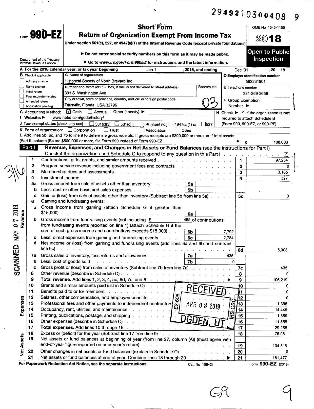 Image of first page of 2018 Form 990EZ for Historical Society of North Brevard Incorporated