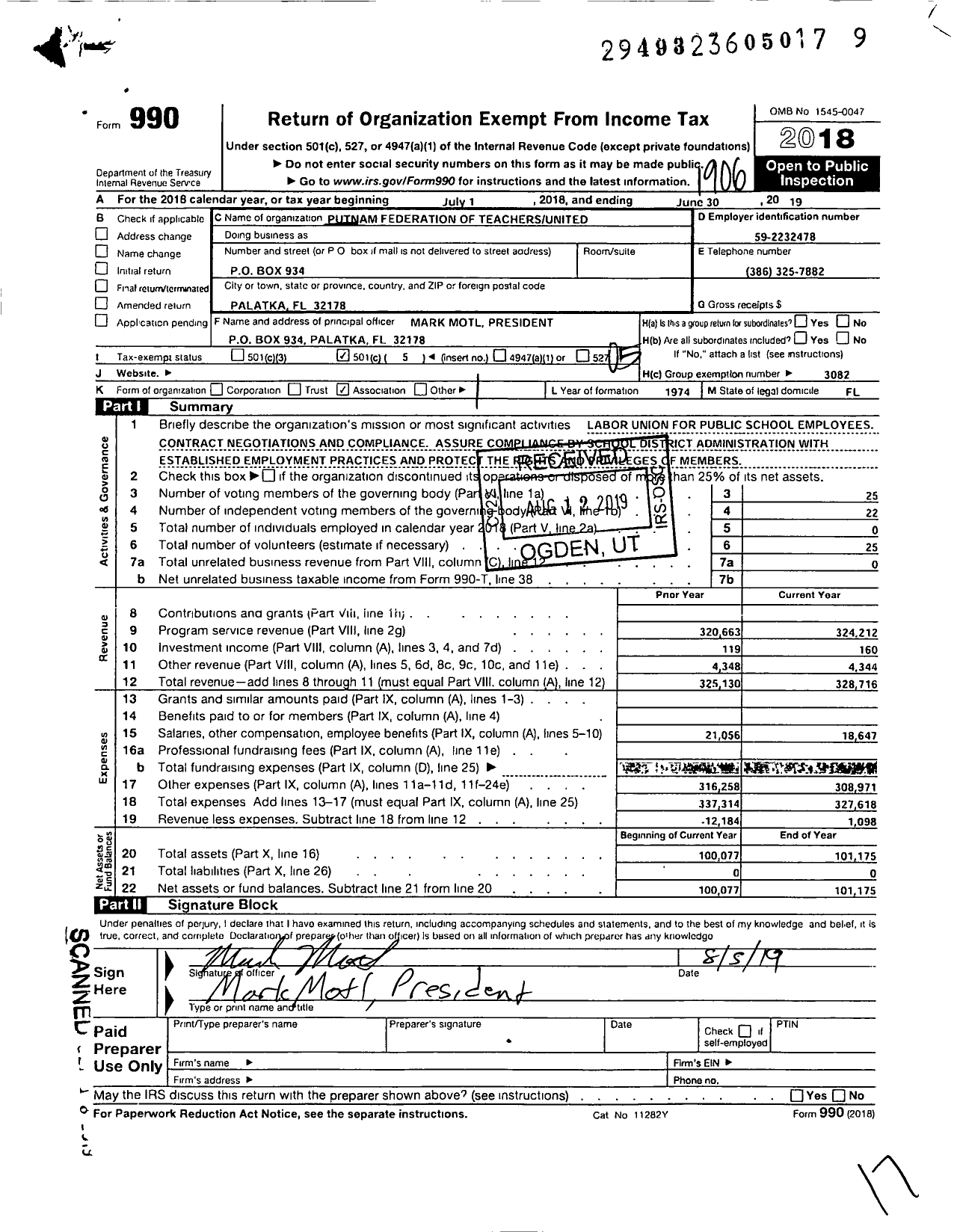 Image of first page of 2018 Form 990O for Florida Education Association / Putman Federation of Teachers