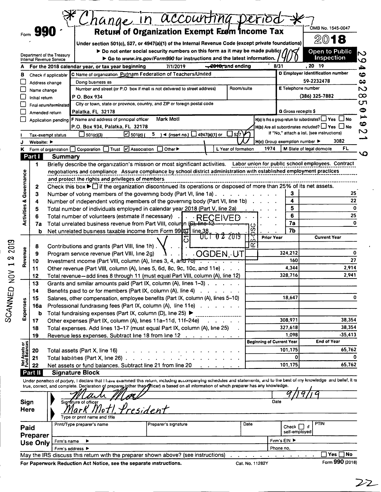 Image of first page of 2018 Form 990O for Florida Education Association / Putman Federation of Teachers