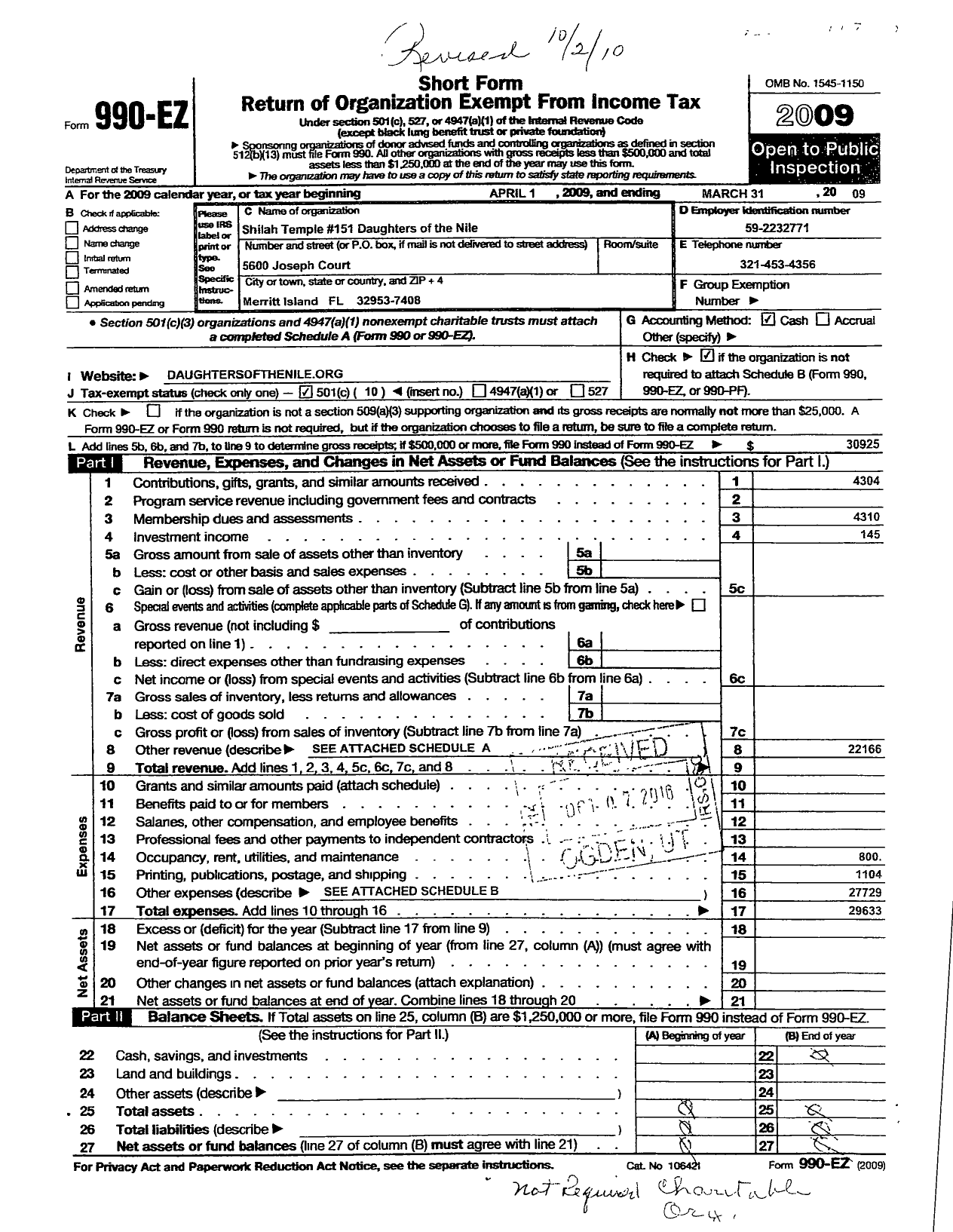 Image of first page of 2008 Form 990EOR for Daughters of the Nile - 151 Shilah Temple