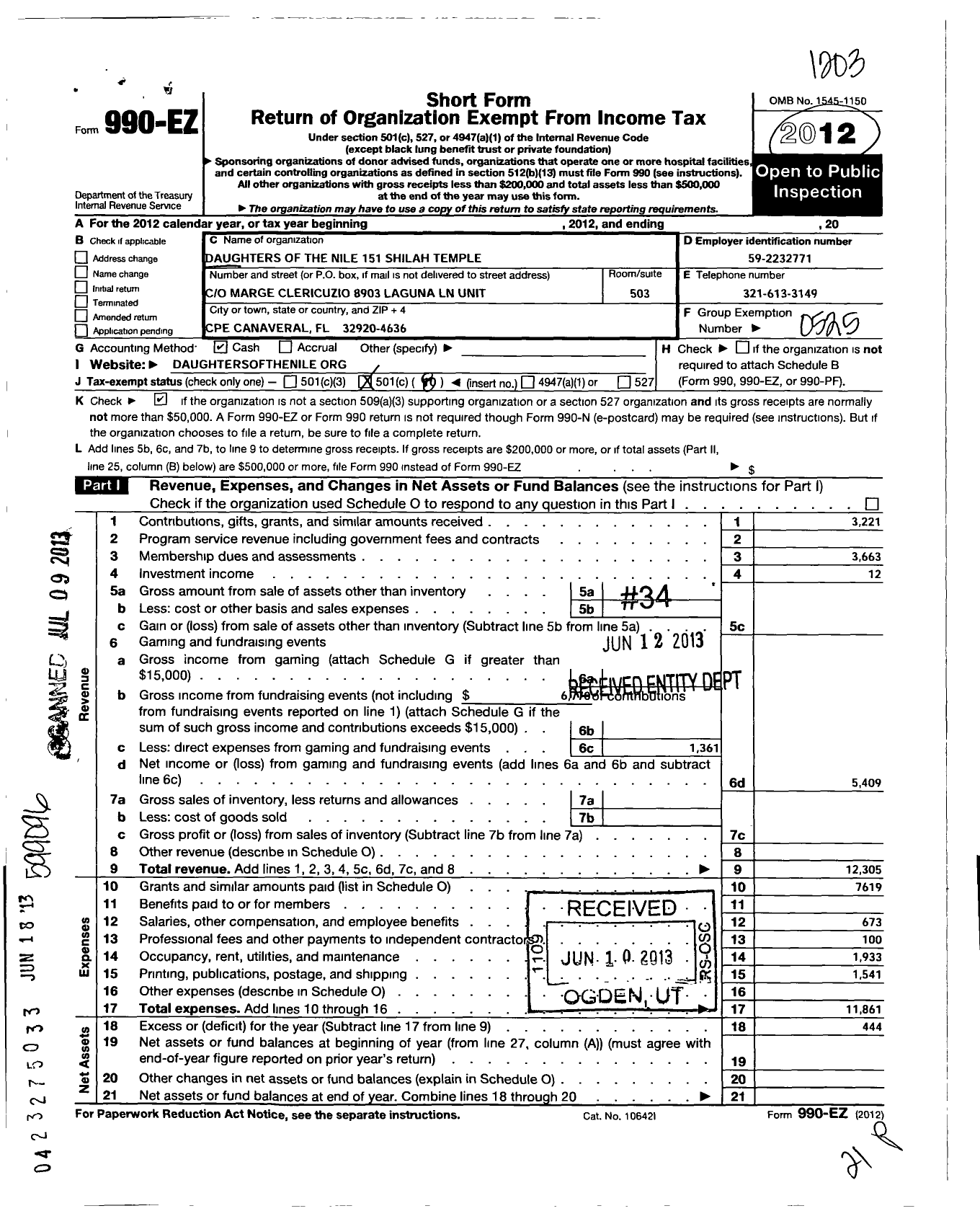 Image of first page of 2012 Form 990EO for Daughters of the Nile - 151 Shilah Temple