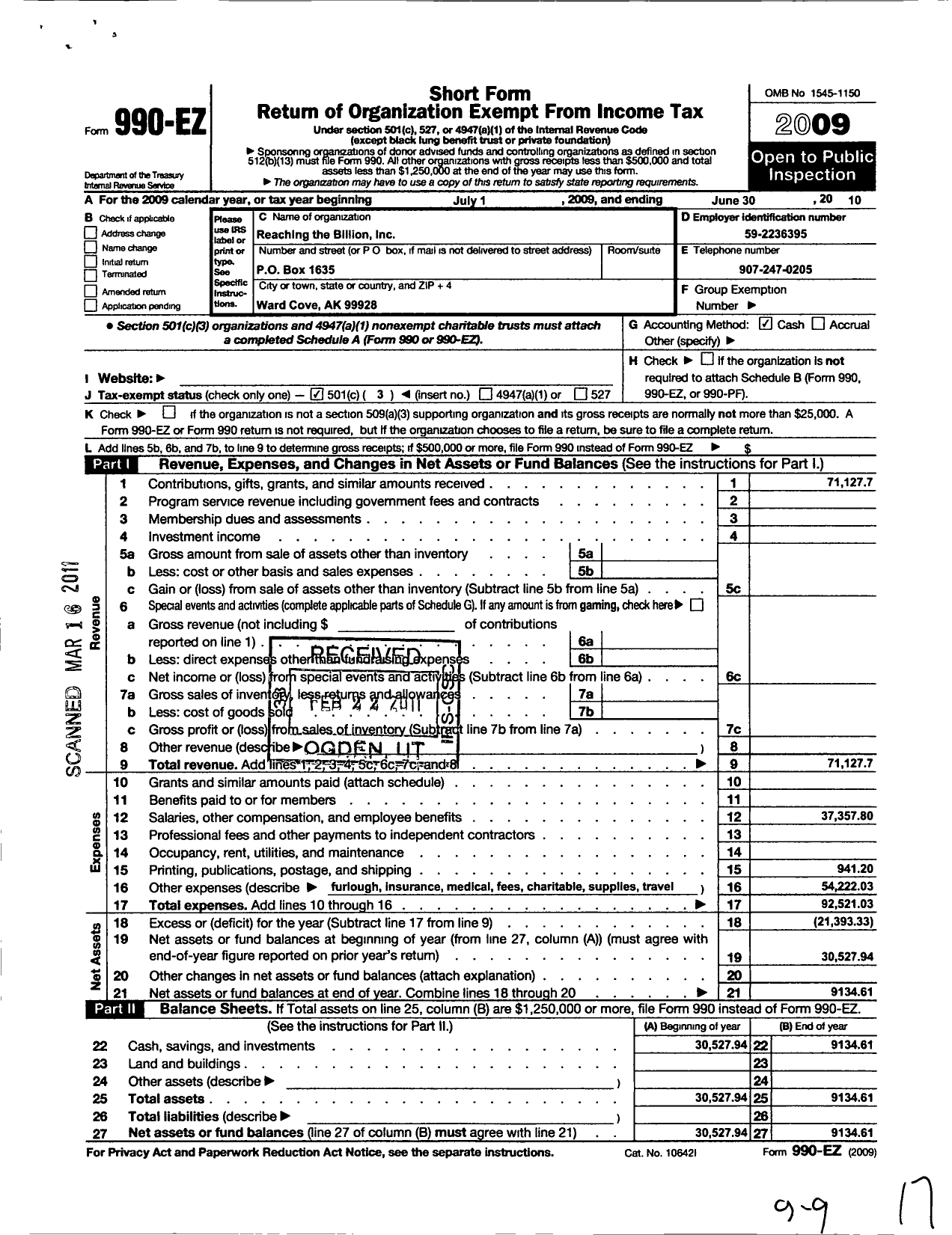 Image of first page of 2009 Form 990EZ for Reaching the Billion