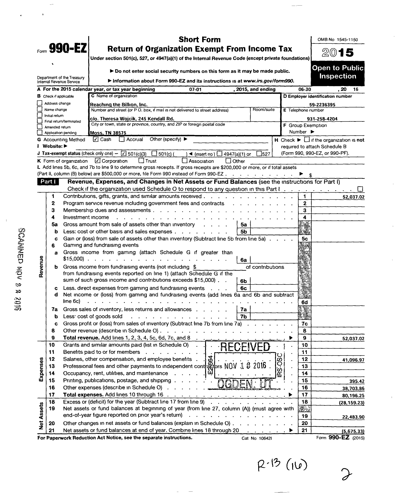 Image of first page of 2015 Form 990EZ for Reaching the Billion