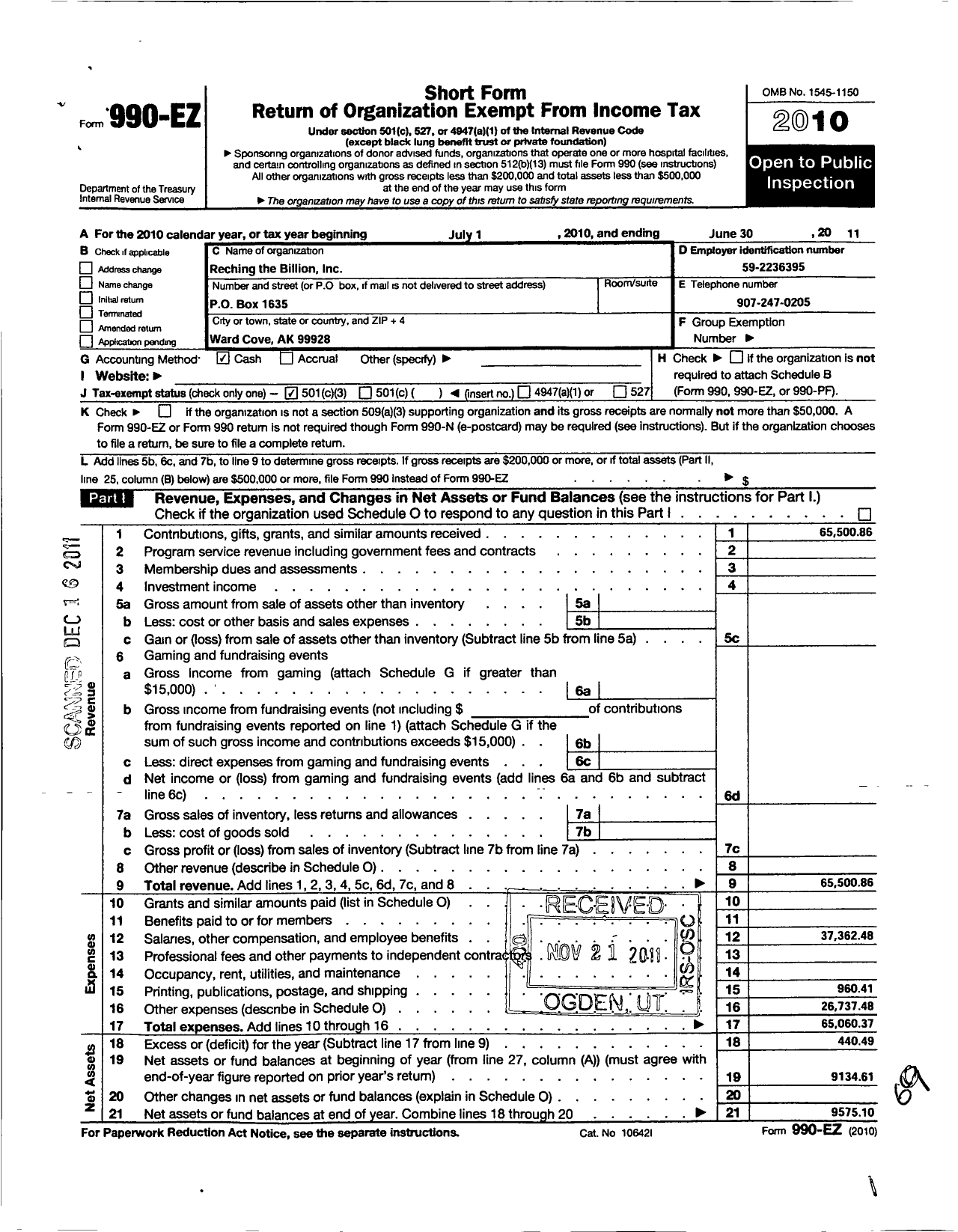 Image of first page of 2010 Form 990EZ for Reaching the Billion