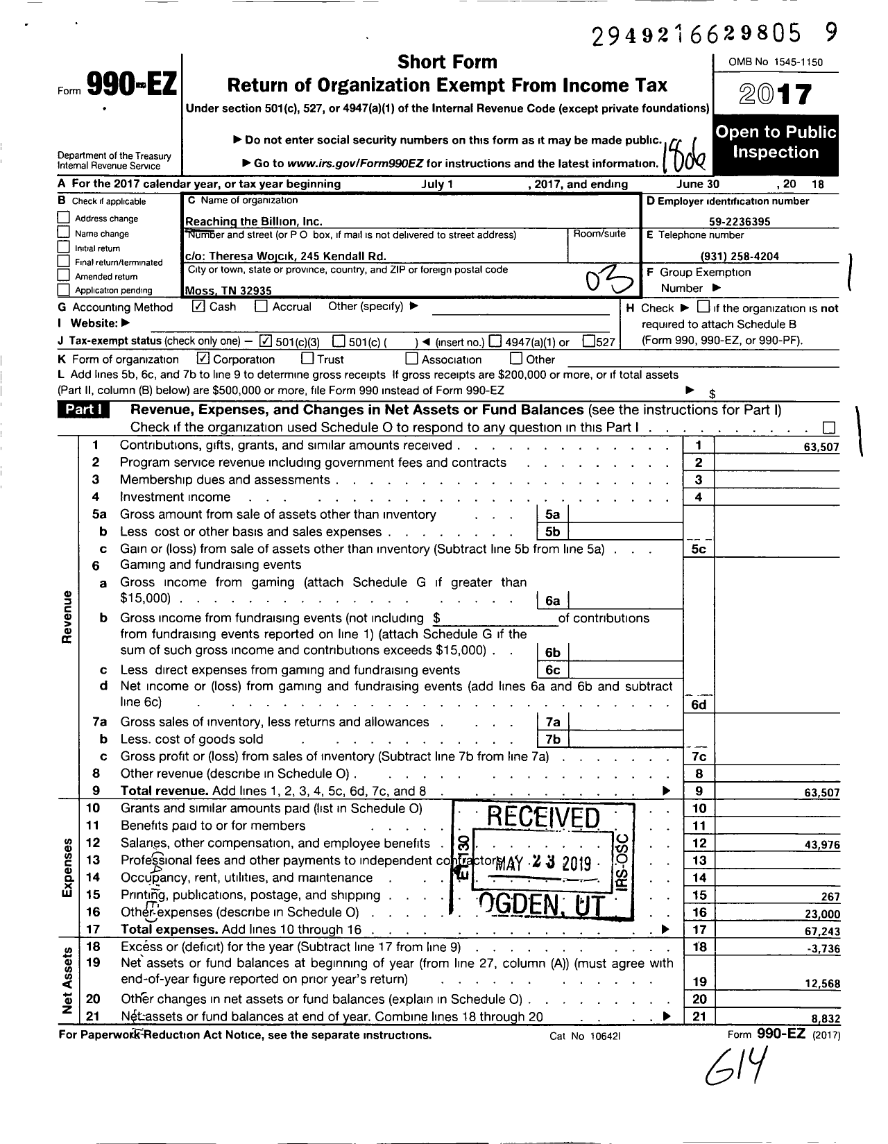 Image of first page of 2017 Form 990EZ for Reaching the Billion