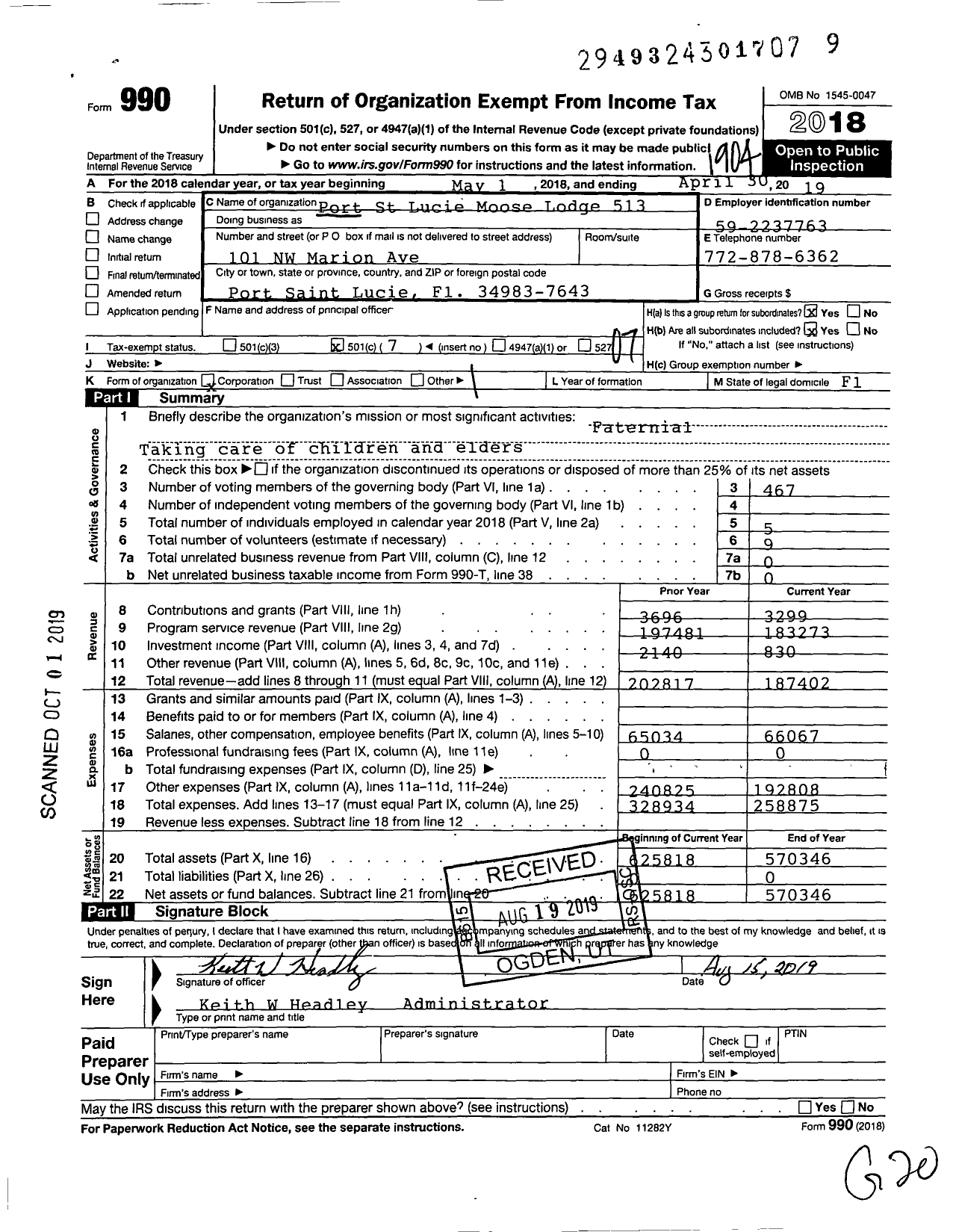 Image of first page of 2018 Form 990O for Port St Lucie Moose Lodge 513