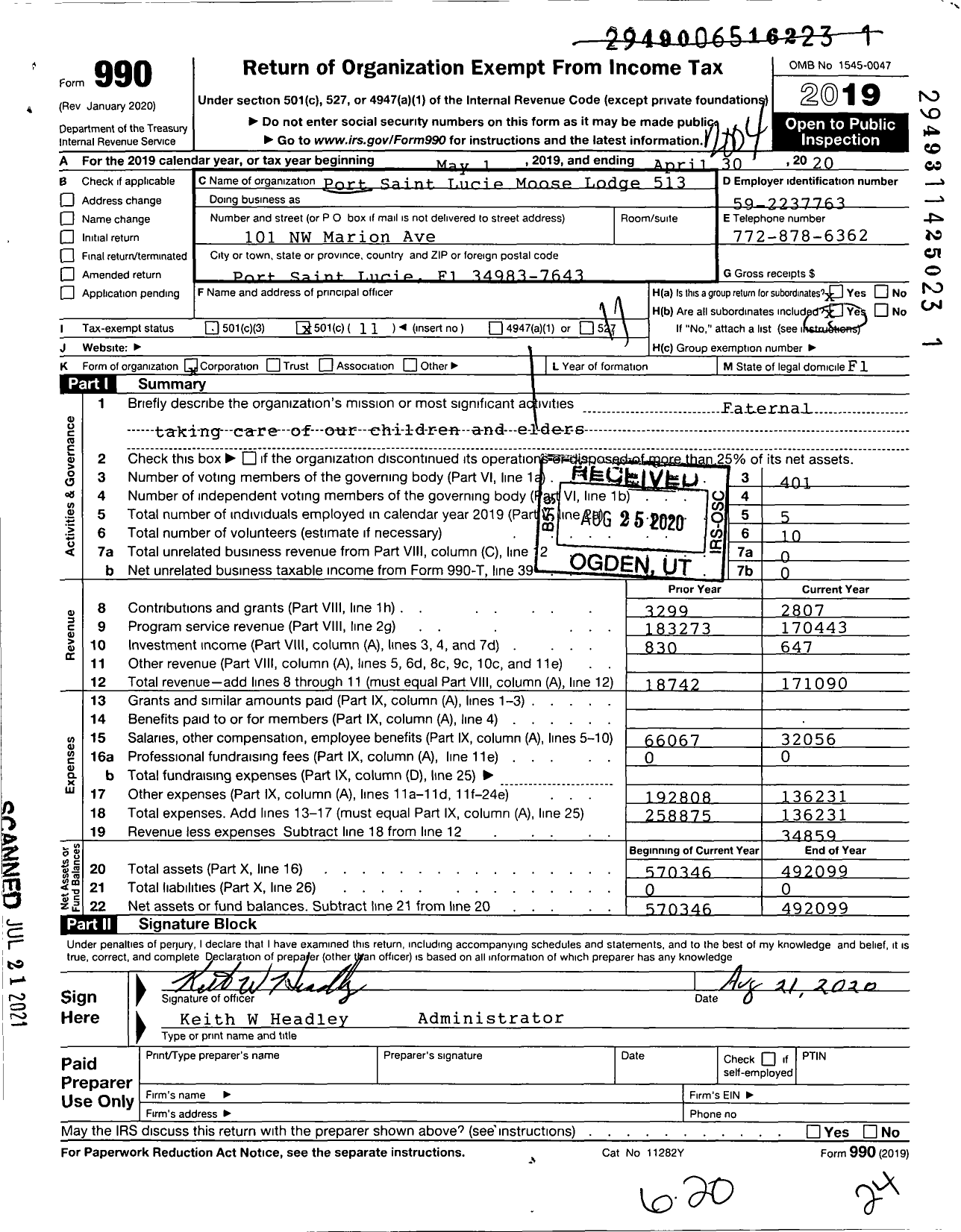 Image of first page of 2019 Form 990O for Port St Lucie Moose Lodge 513