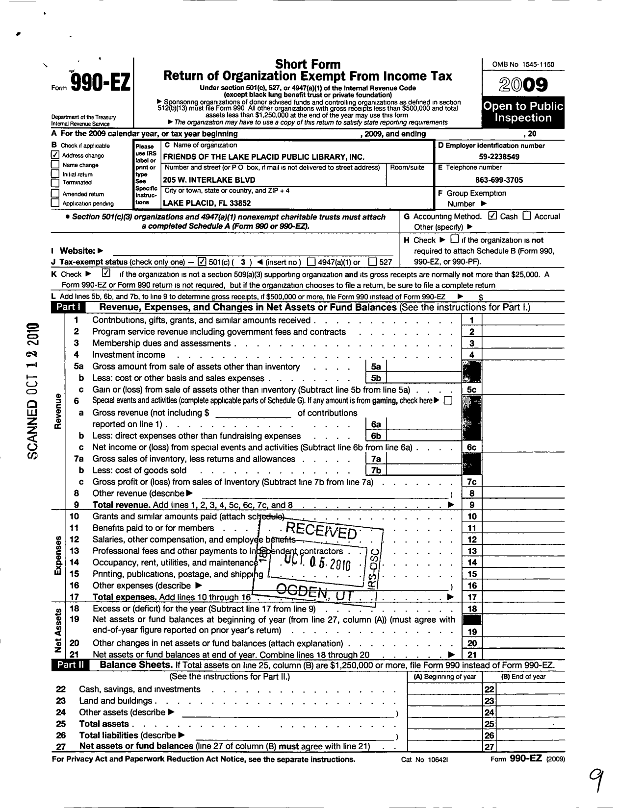 Image of first page of 2009 Form 990EZ for Friends of the Lake Placid Public Library