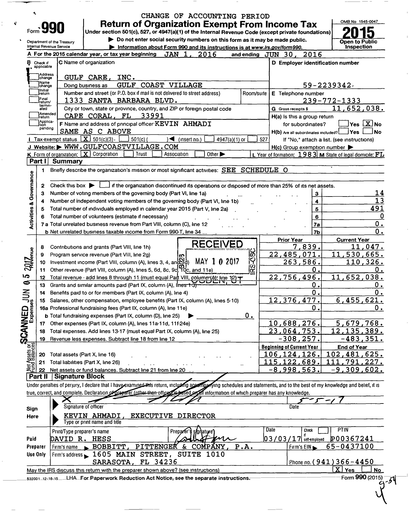 Image of first page of 2015 Form 990 for Gulf Coast Village