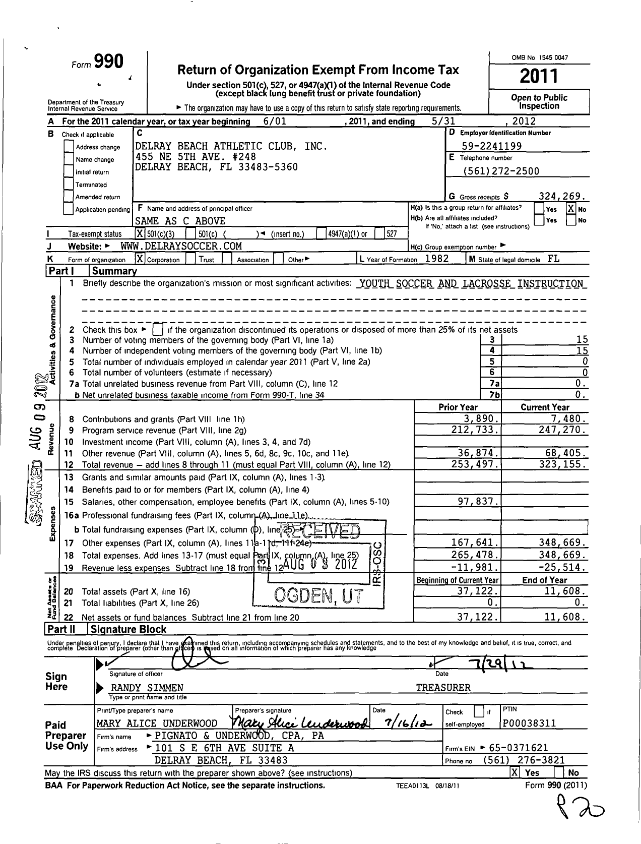 Image of first page of 2011 Form 990 for Delray Beach Athletic Club