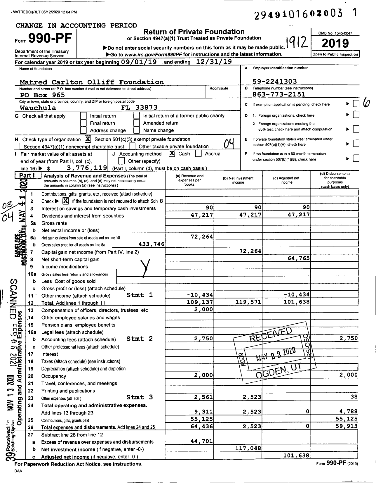 Image of first page of 2019 Form 990PF for Matred Carlton Olliff Foundation