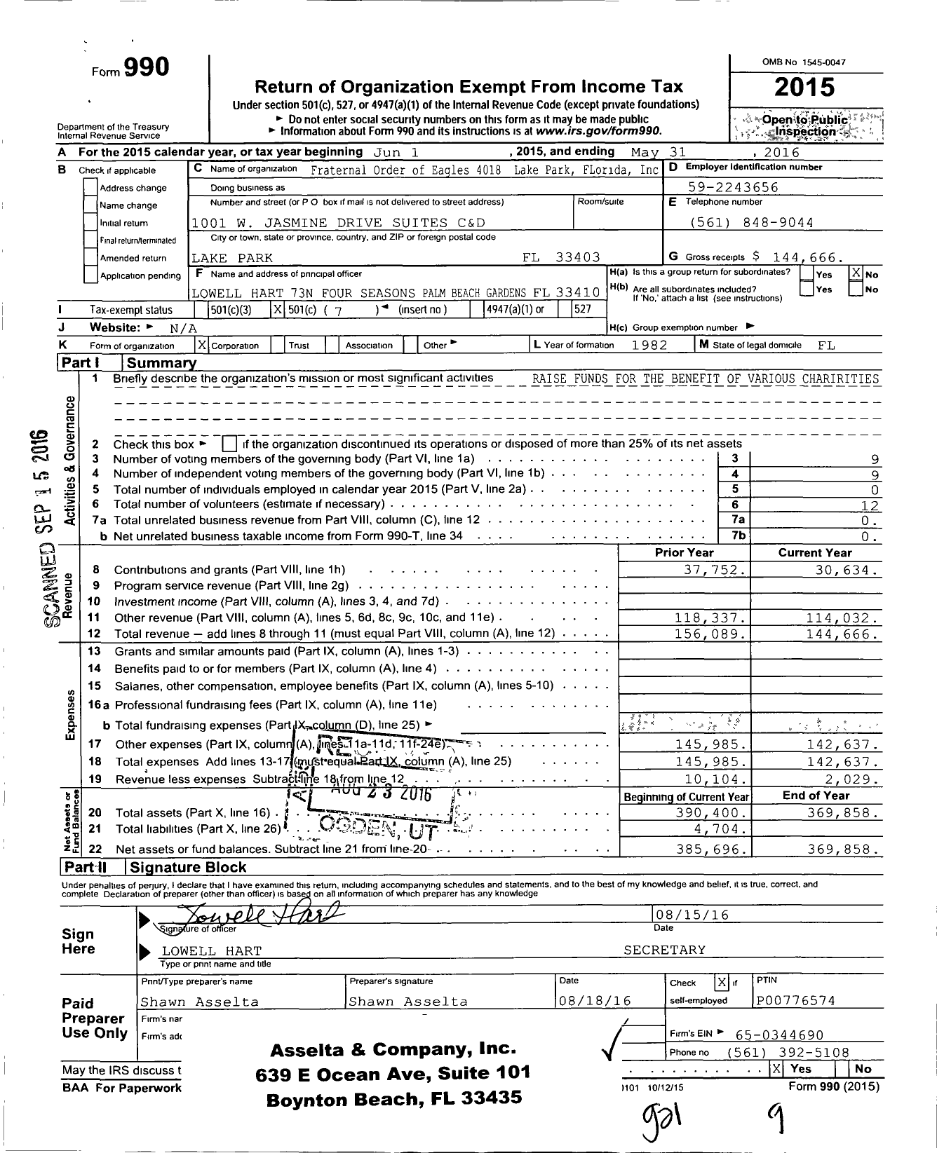 Image of first page of 2015 Form 990O for Fraternal Order of Eagles - 4018 Aerie