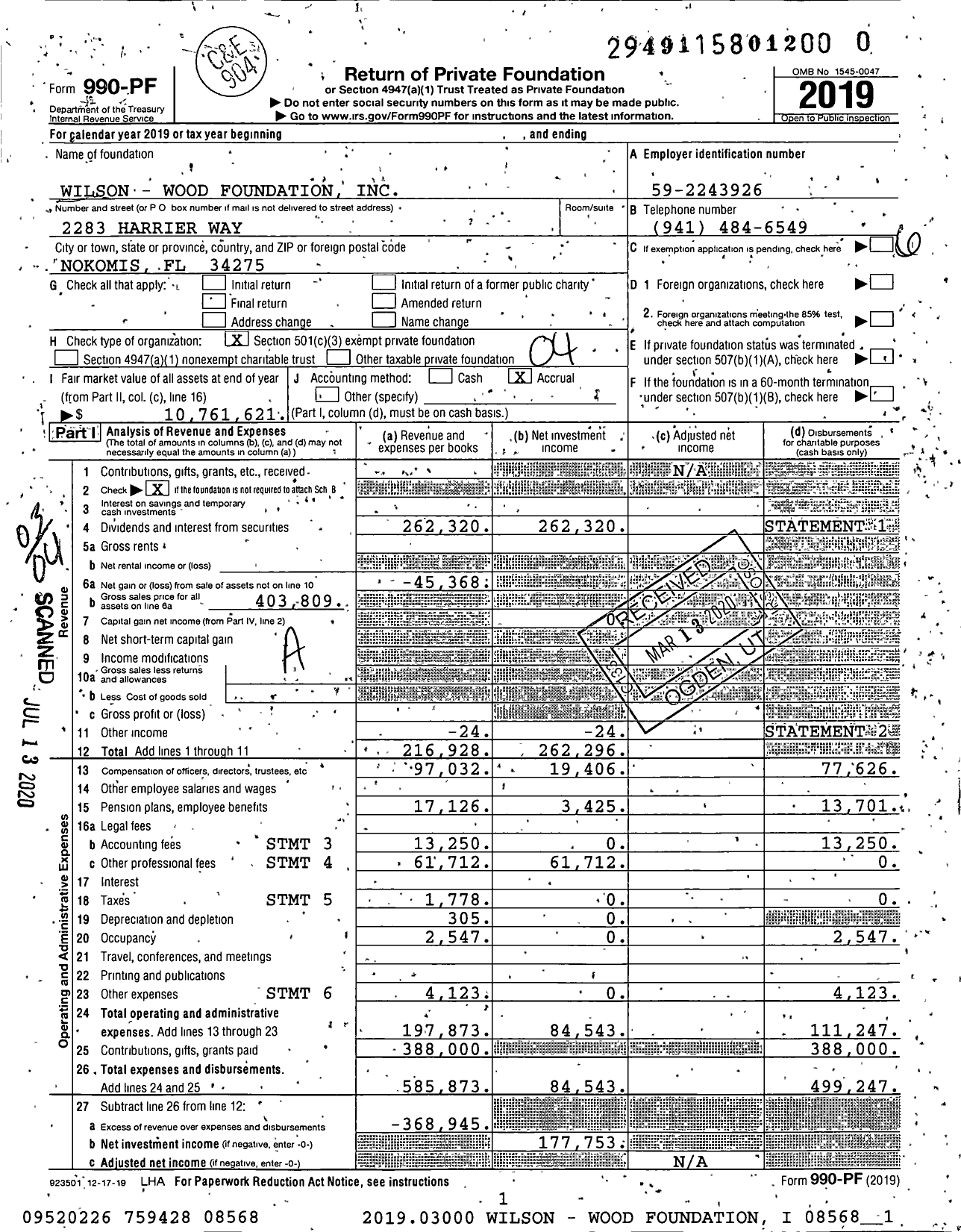 Image of first page of 2019 Form 990PR for Wilson - Wood Foundation