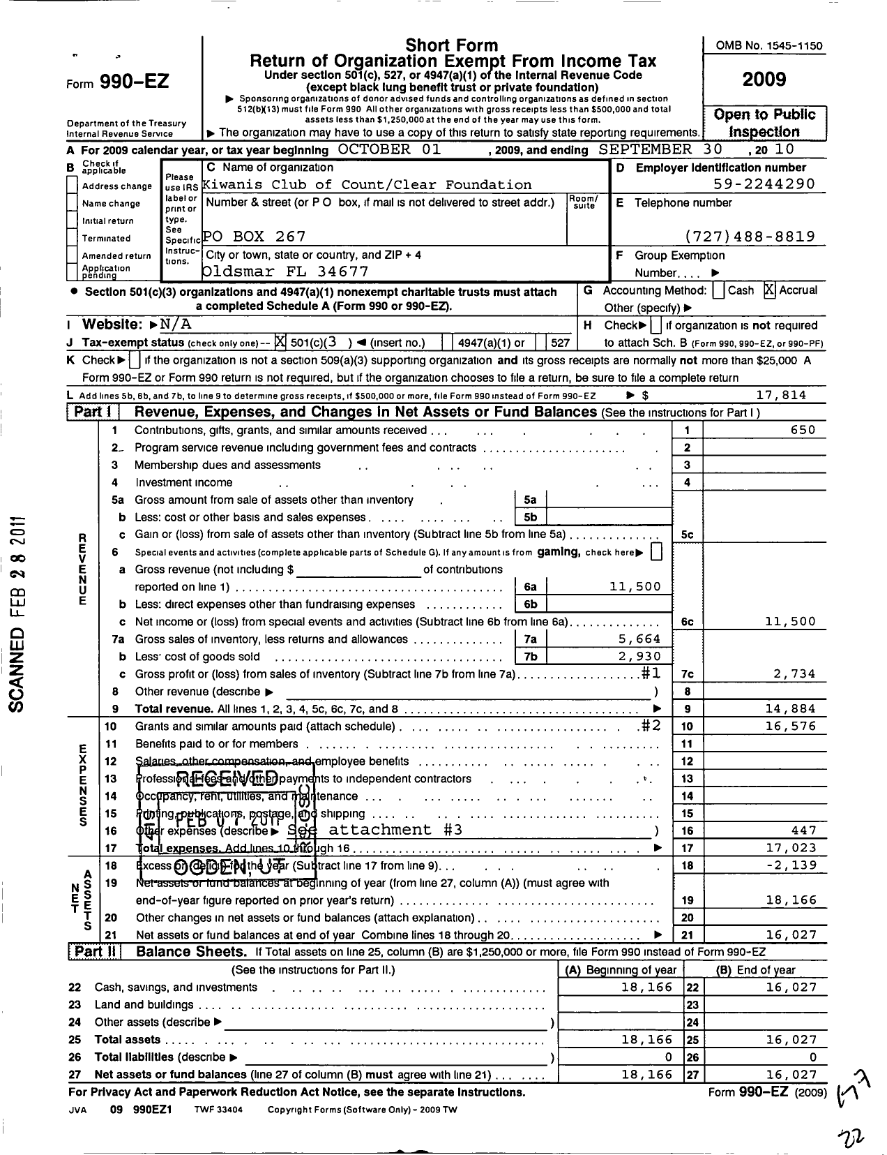 Image of first page of 2009 Form 990EZ for Kiwanis Club of Countryside Foundation