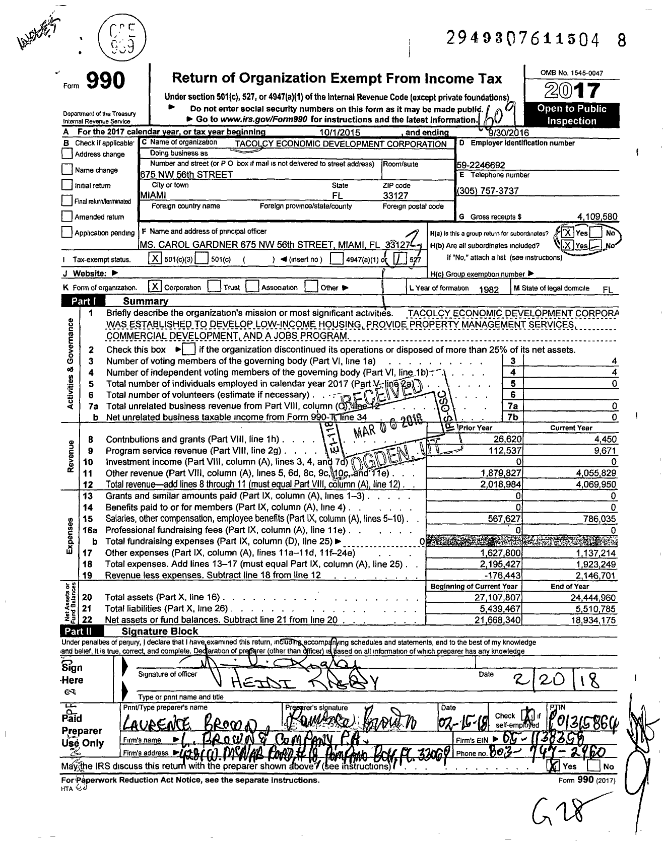 Image of first page of 2015 Form 990 for Tacolcy Economic Development Corporation
