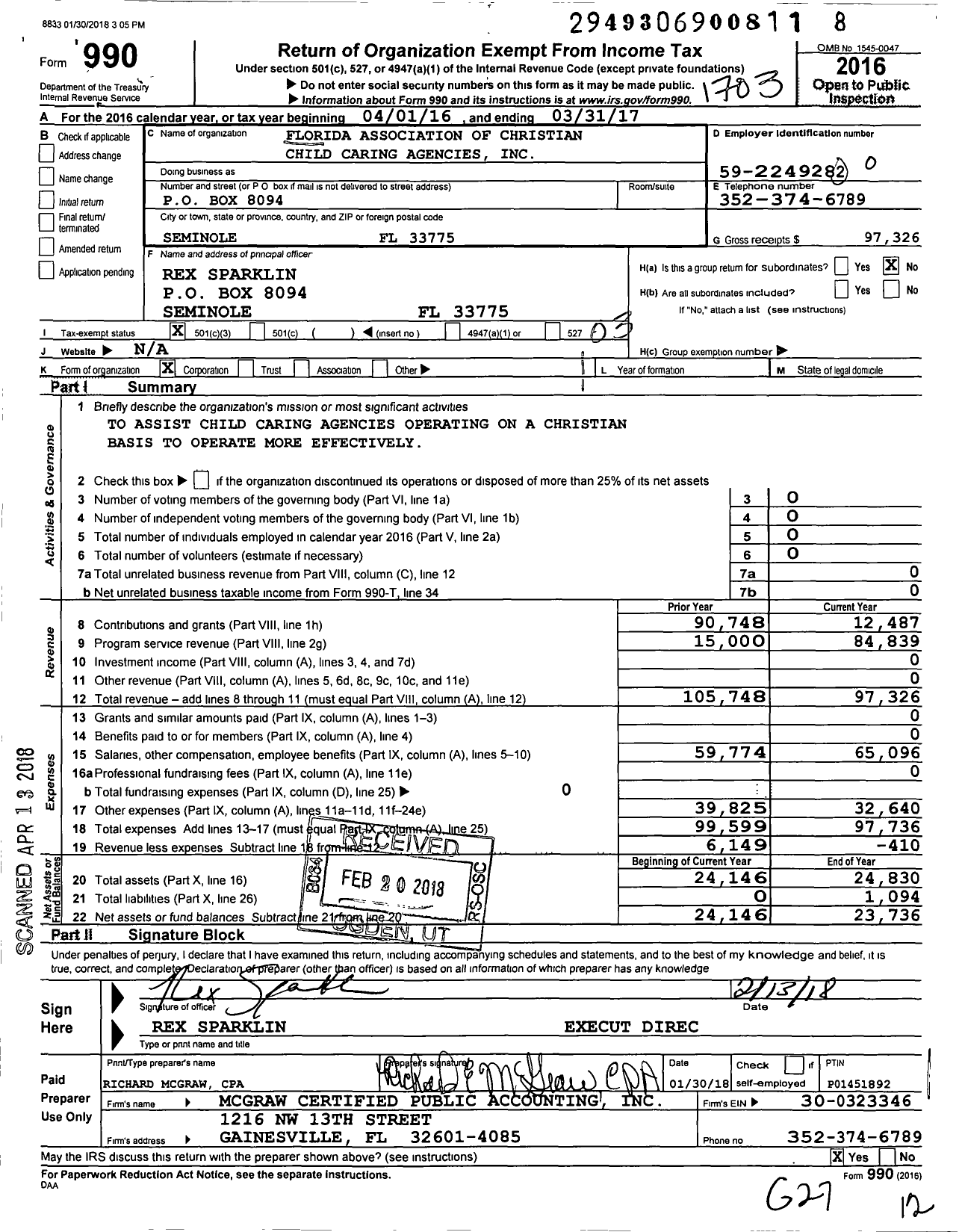 Image of first page of 2016 Form 990 for Florida Association of Christian Child Caring Agencies