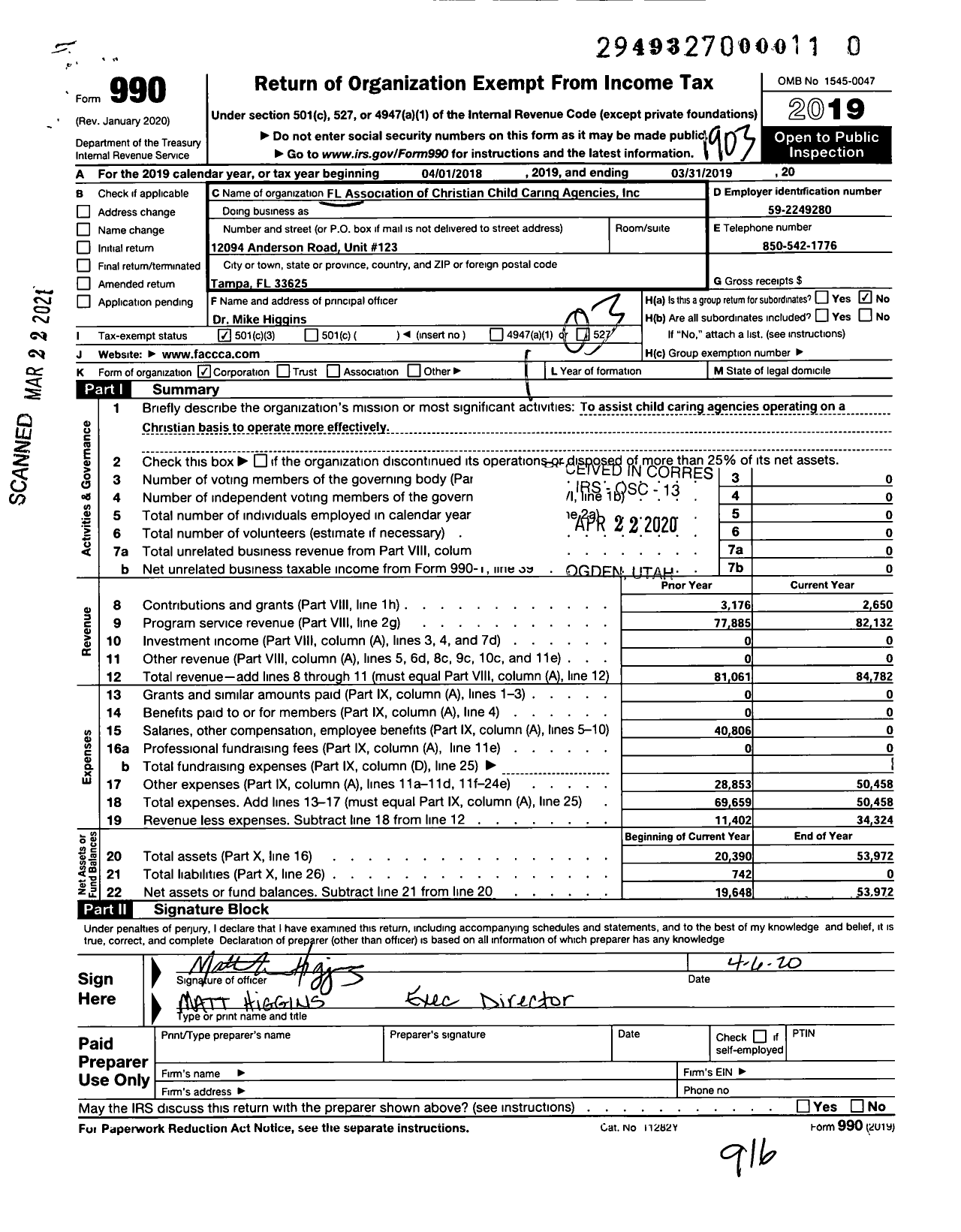 Image of first page of 2018 Form 990 for Florida Association of Christian Child Caring Agencies