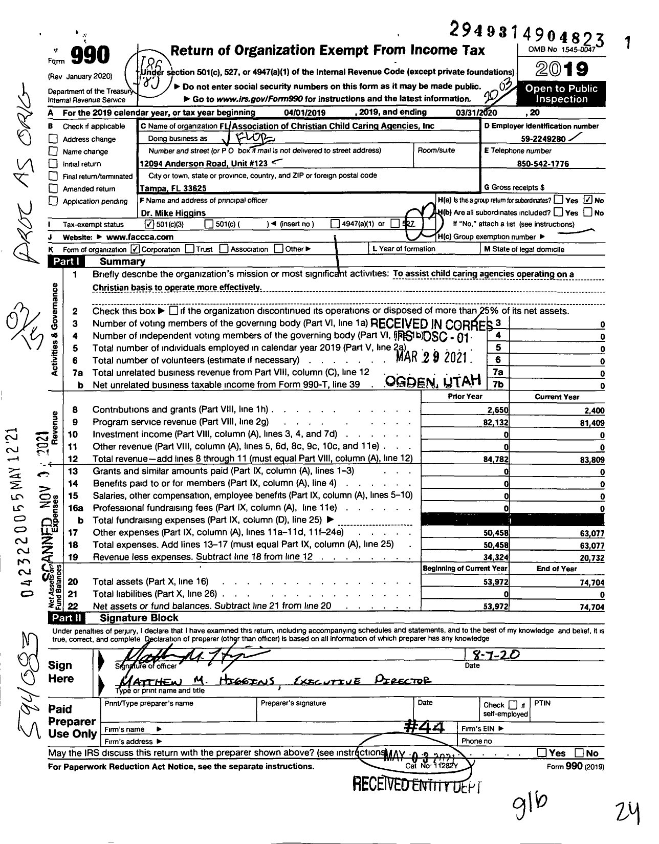 Image of first page of 2019 Form 990 for Florida Association of Christian Child Caring Agencies