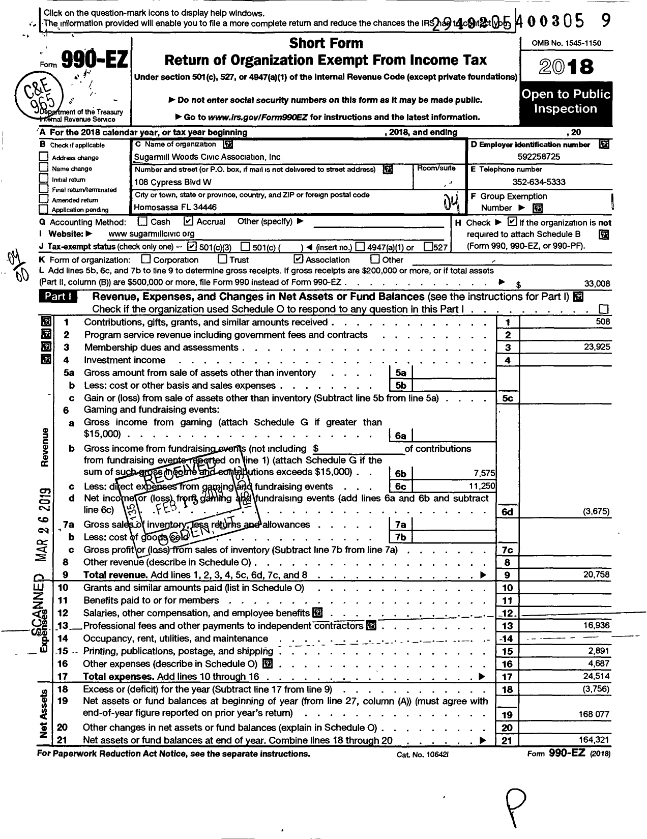 Image of first page of 2018 Form 990EO for Sugarmill Woods Civic Association