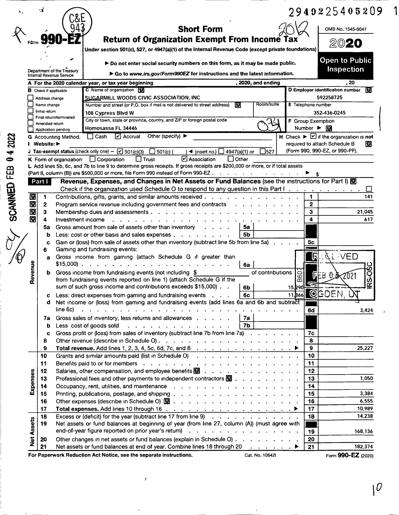 Image of first page of 2020 Form 990EO for Sugarmill Woods Civic Association