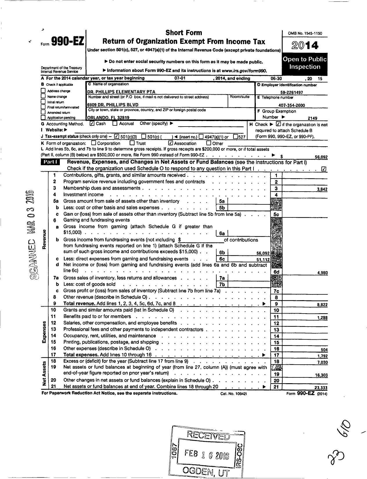 Image of first page of 2014 Form 990EZ for PTA Florida Congress - Dr Phillips Elementary School PTA
