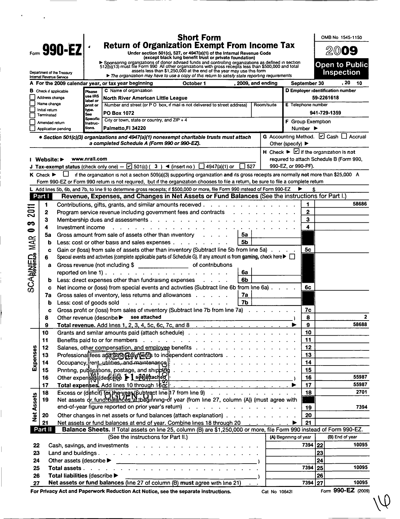 Image of first page of 2009 Form 990EZ for Little League Baseball - 3091612 Palmetto LL