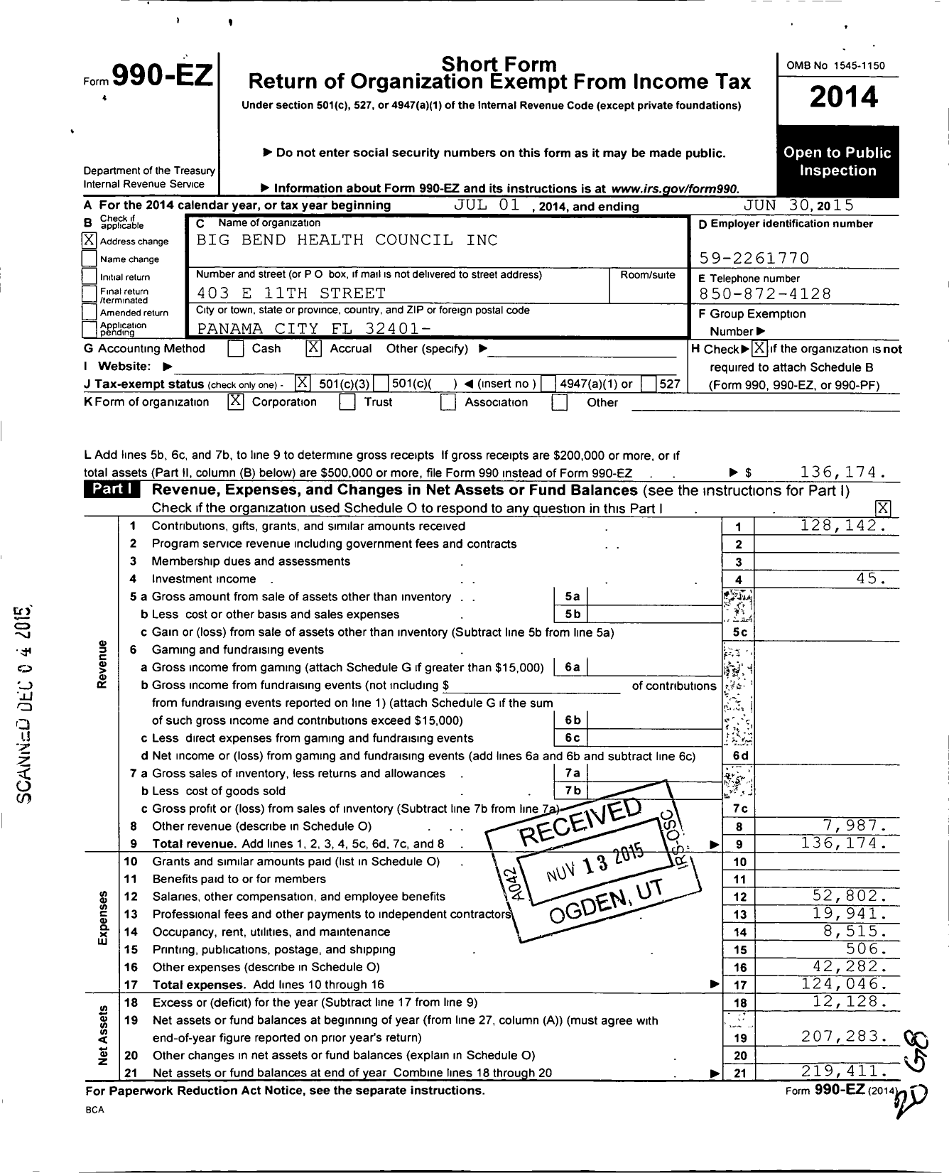 Image of first page of 2014 Form 990EZ for Big Bend Health Council