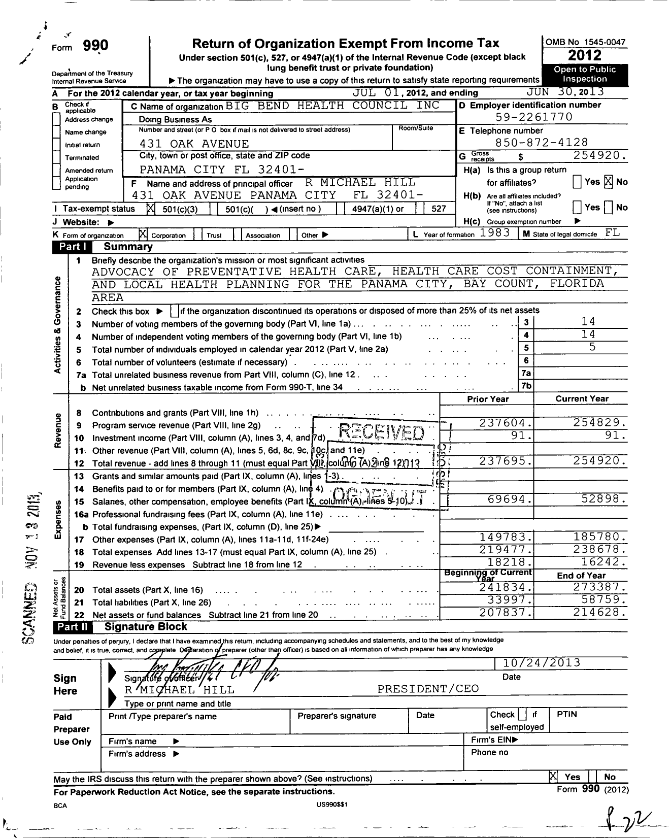 Image of first page of 2012 Form 990 for Big Bend Health Council