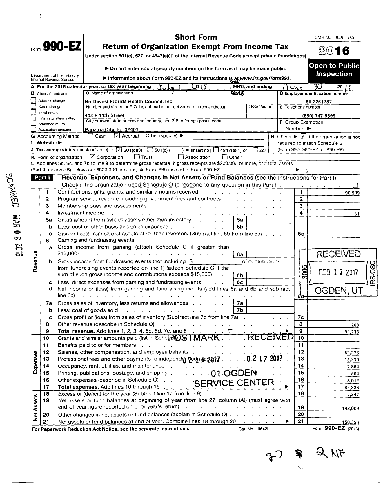 Image of first page of 2015 Form 990EZ for Northwest Florida Health Council