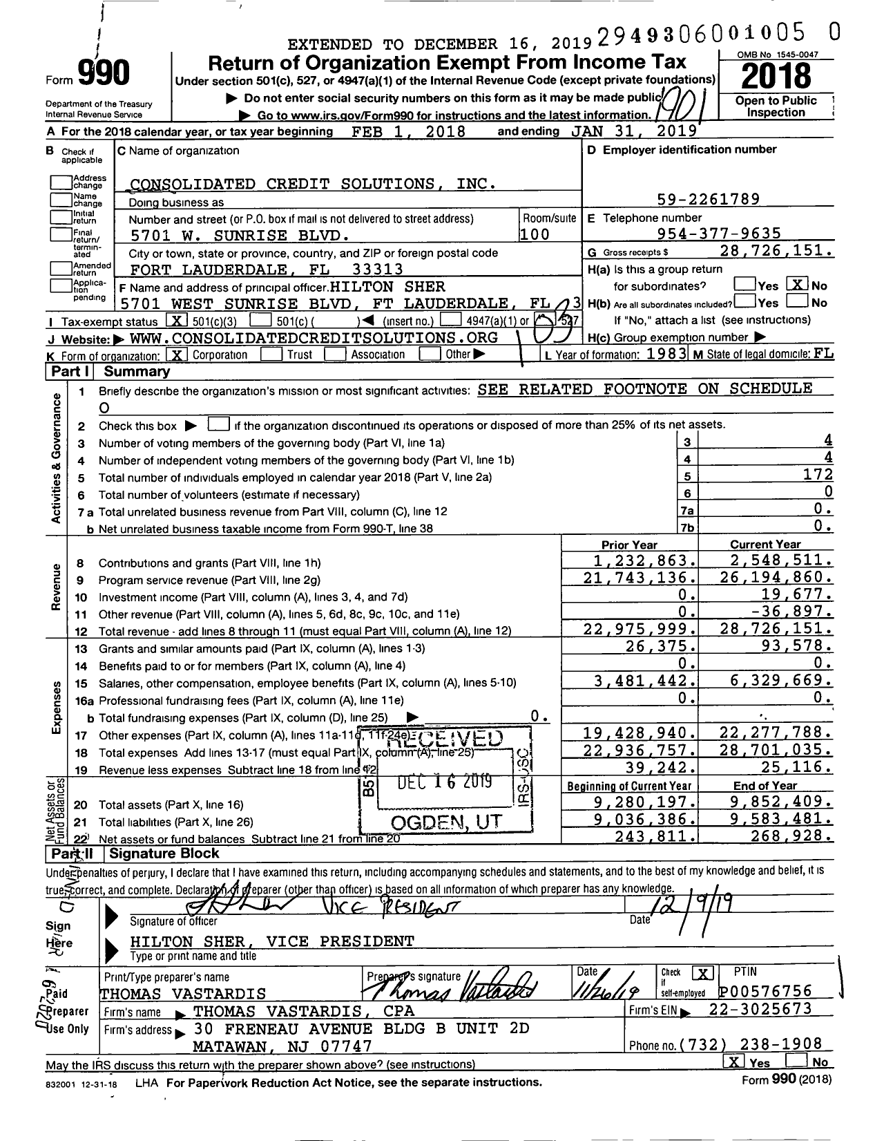 Image of first page of 2018 Form 990 for Consolidated Credit Solutions