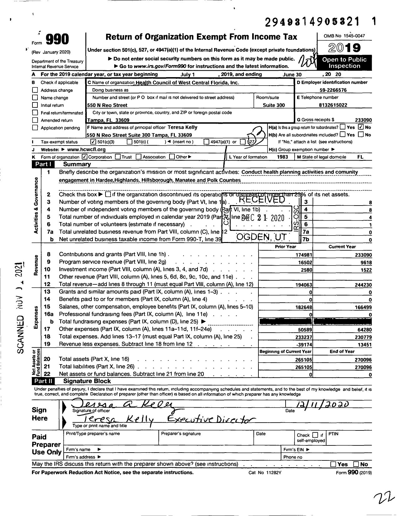 Image of first page of 2019 Form 990 for Health Council of West Central Florida