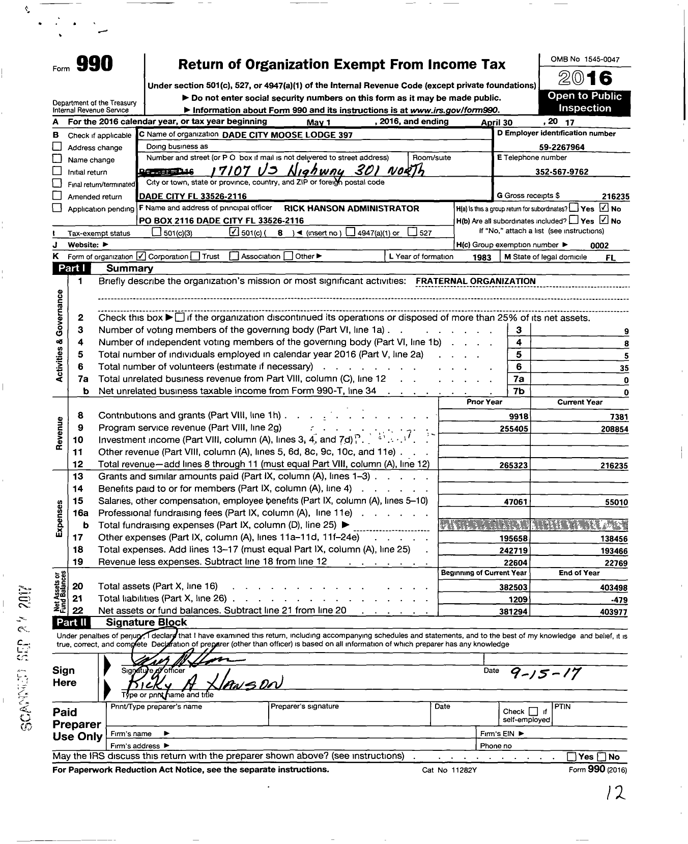 Image of first page of 2016 Form 990O for Loyal Order of Moose - 397