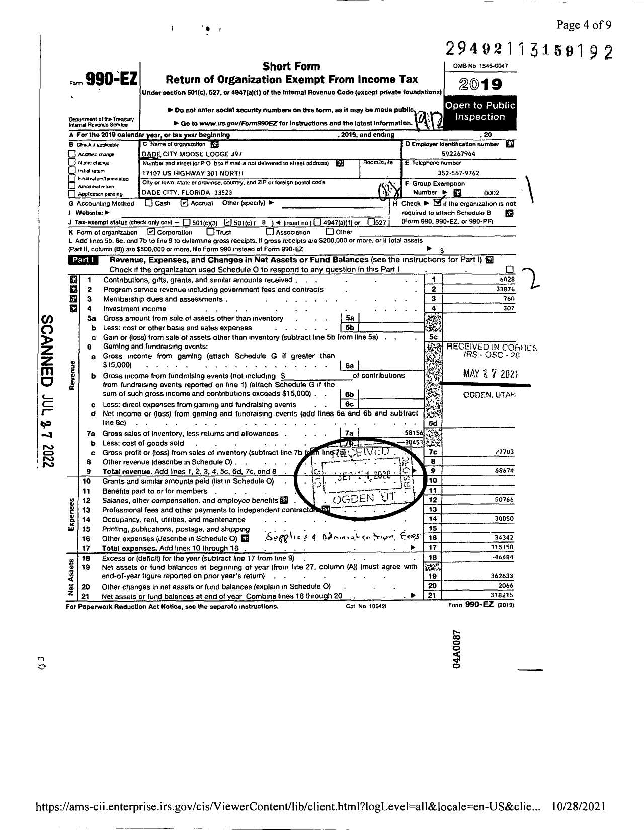 Image of first page of 2019 Form 990EO for Loyal Order of Moose - 397