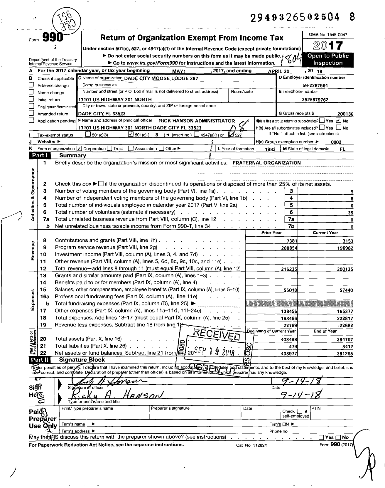 Image of first page of 2017 Form 990O for Loyal Order of Moose - 397