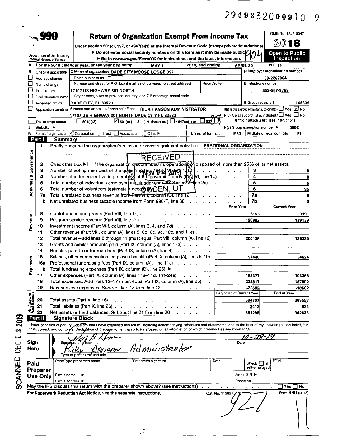 Image of first page of 2018 Form 990O for Loyal Order of Moose - 397