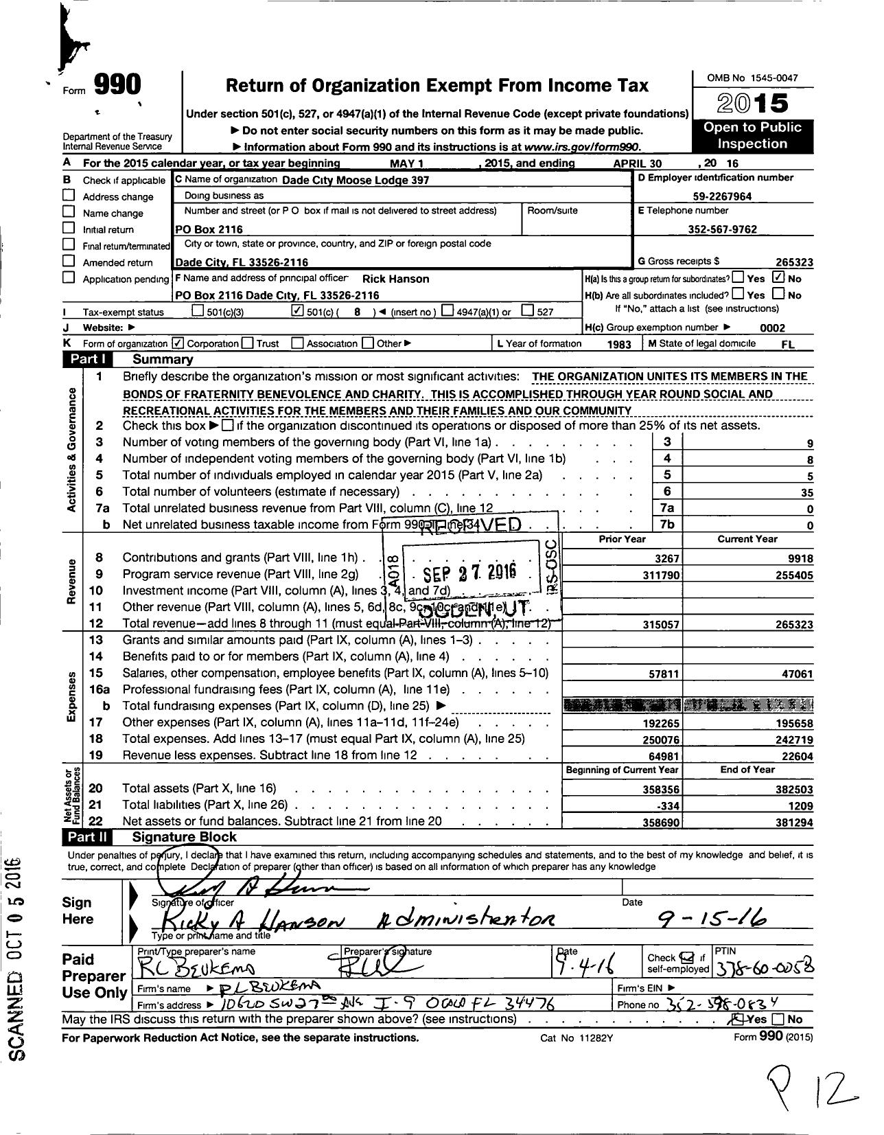 Image of first page of 2015 Form 990O for Loyal Order of Moose - 397