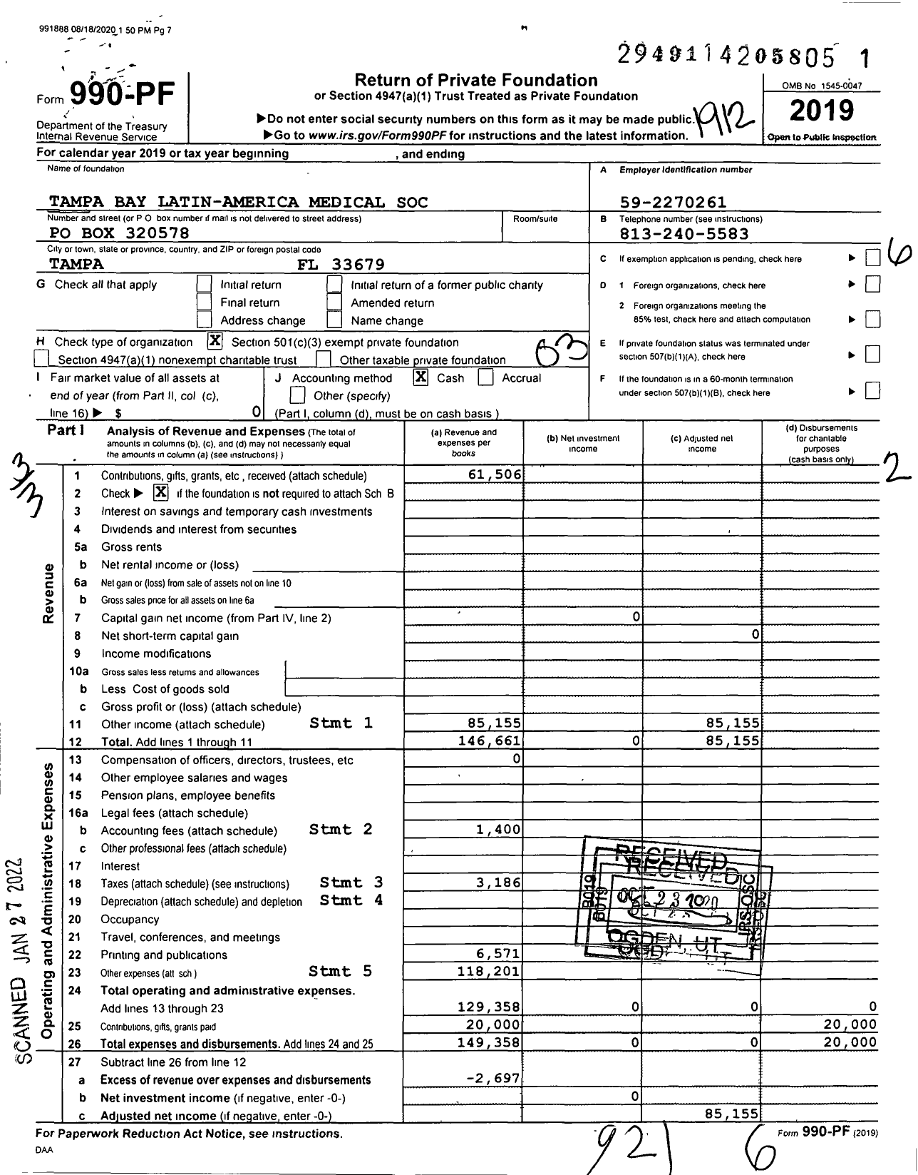 Image of first page of 2019 Form 990PF for Tampa Bay Latin-American Medical So