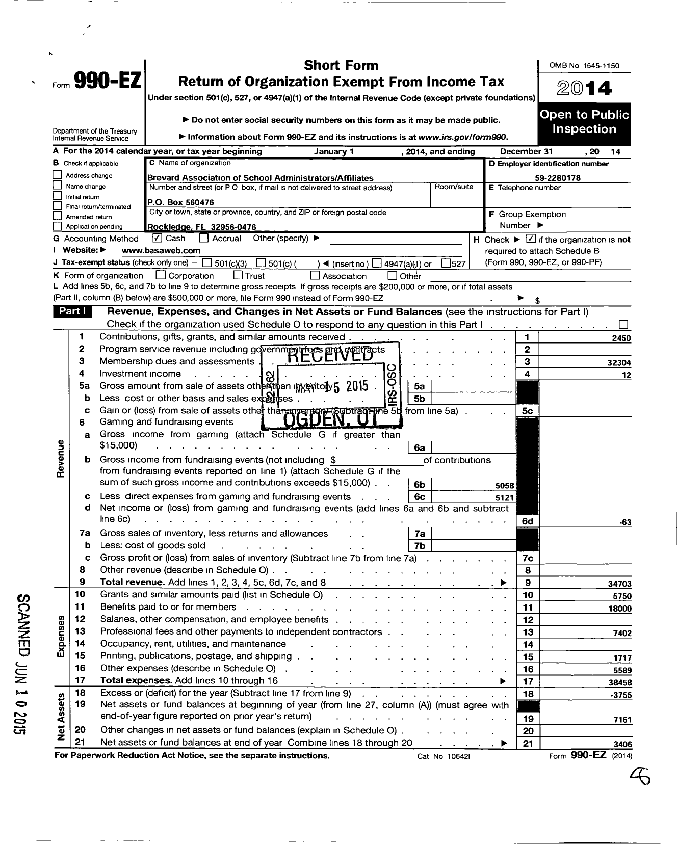 Image of first page of 2014 Form 990EO for Brevard Association of School Administrators