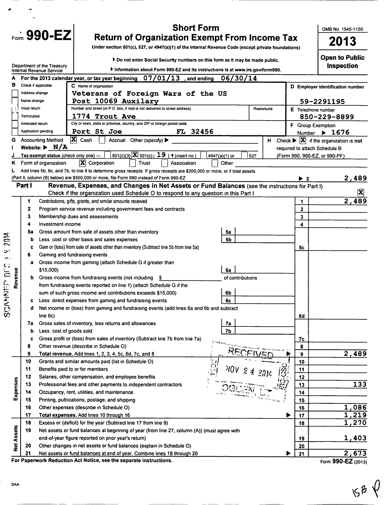 Image of first page of 2013 Form 990EO for Veterans of Foreign Wars of the Us Dept of Florida Auxiliary - 10069 John C Gainous Auxiliary