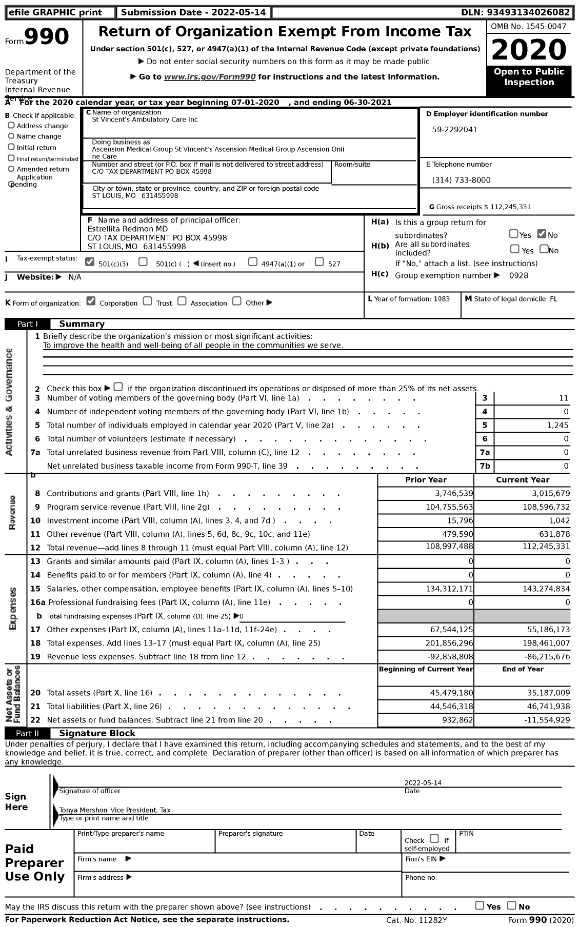 Image of first page of 2020 Form 990 for St Vincent's Ambulatory Care